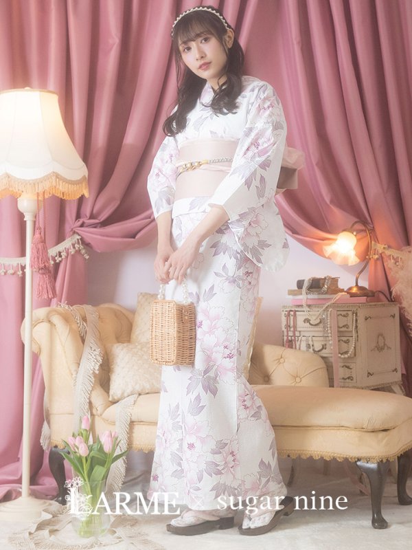 画像2: 【即日発送！】白地×淡い牡丹模様のモダン浴衣セット 【浴衣３点セット 浴衣/帯/下駄】[YMT] (2)