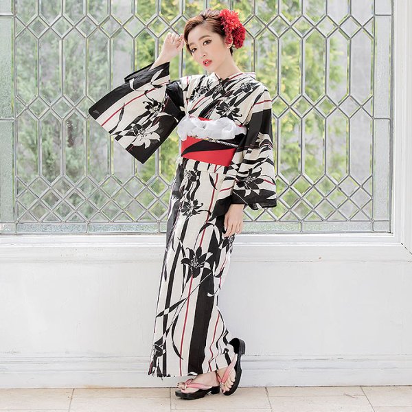 画像2: 【即日発送】【浴衣】ストライプ×百合の花模様浴衣セット【浴衣３点セット浴衣/帯/下駄】【YMT】 (2)