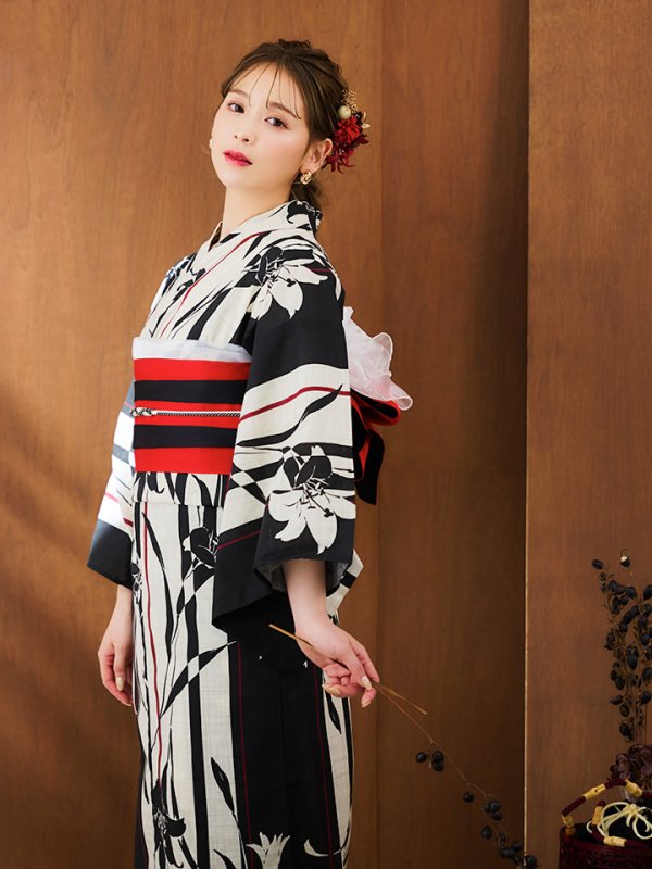 画像10: 【即日発送】【浴衣】ストライプ×百合レトロモダン浴衣【浴衣３点セット浴衣/帯/下駄】【YMT】 (10)