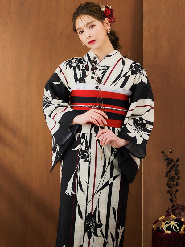 画像2: 【即日発送】【浴衣】ストライプ×百合レトロモダン浴衣【浴衣３点セット浴衣/帯/下駄】【YMT】 (2)