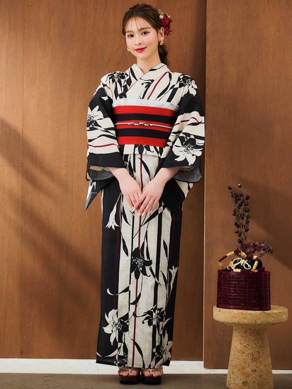 画像4: 【即日発送】【浴衣】ストライプ×百合レトロモダン浴衣【浴衣３点セット浴衣/帯/下駄】【YMT】 (4)