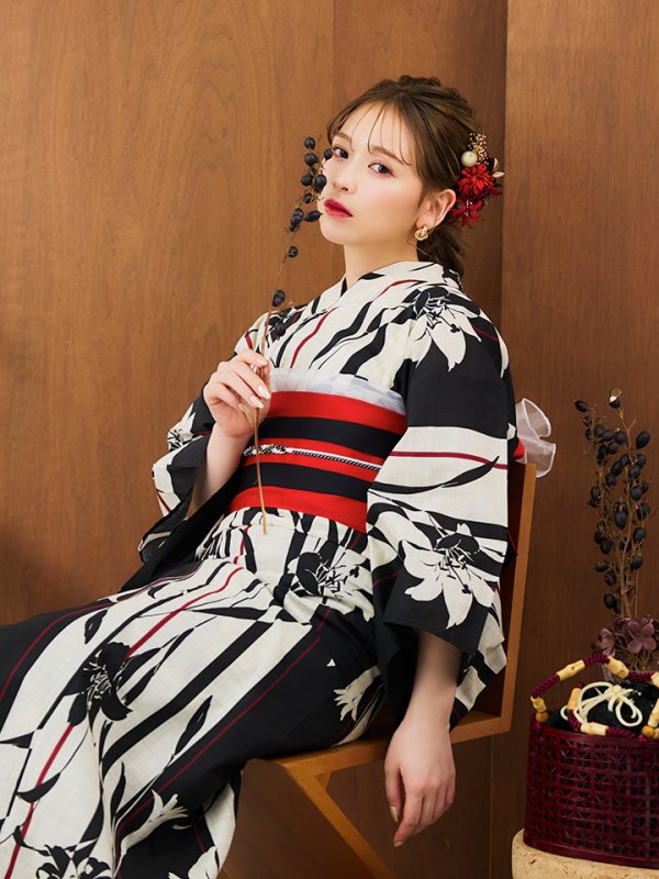 画像5: 【即日発送】【浴衣】ストライプ×百合レトロモダン浴衣【浴衣３点セット浴衣/帯/下駄】【YMT】 (5)