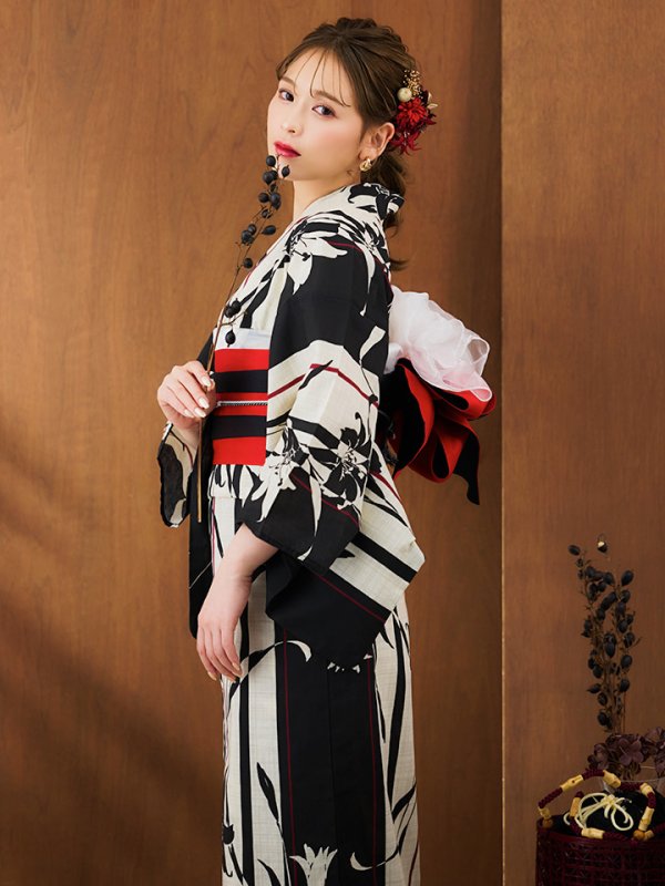 画像9: 【即日発送】【浴衣】ストライプ×百合レトロモダン浴衣【浴衣３点セット浴衣/帯/下駄】【YMT】 (9)