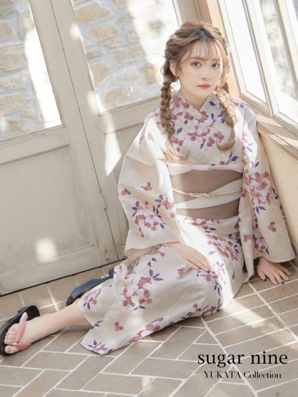 画像2: 【即日発送】【浴衣】クリーム地にピンクの紫陽花浴衣【浴衣３点セット浴衣/帯/下駄】[YMT] (2)