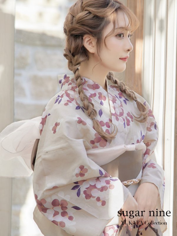 画像3: 【即日発送】【浴衣】クリーム地にピンクの紫陽花浴衣【浴衣３点セット浴衣/帯/下駄】[YMT] (3)