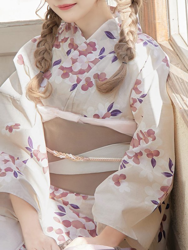 画像5: 【即日発送】【浴衣】クリーム地にピンクの紫陽花浴衣【浴衣３点セット浴衣/帯/下駄】[YMT] (5)