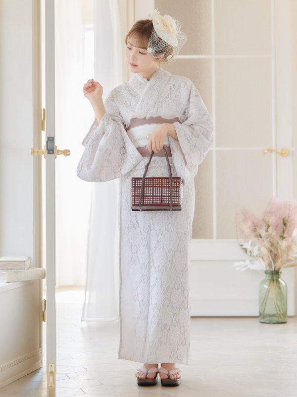 画像4: 即日発送!ピンク地×白レース浴衣【浴衣３点セット浴衣/帯/下駄】[YMT] (4)