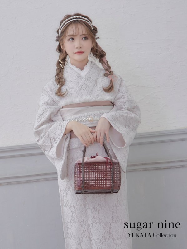 画像2: 即日発送!【浴衣】白地×フラワーレース浴衣【浴衣３点セット浴衣/帯/下駄】[YMT] (2)