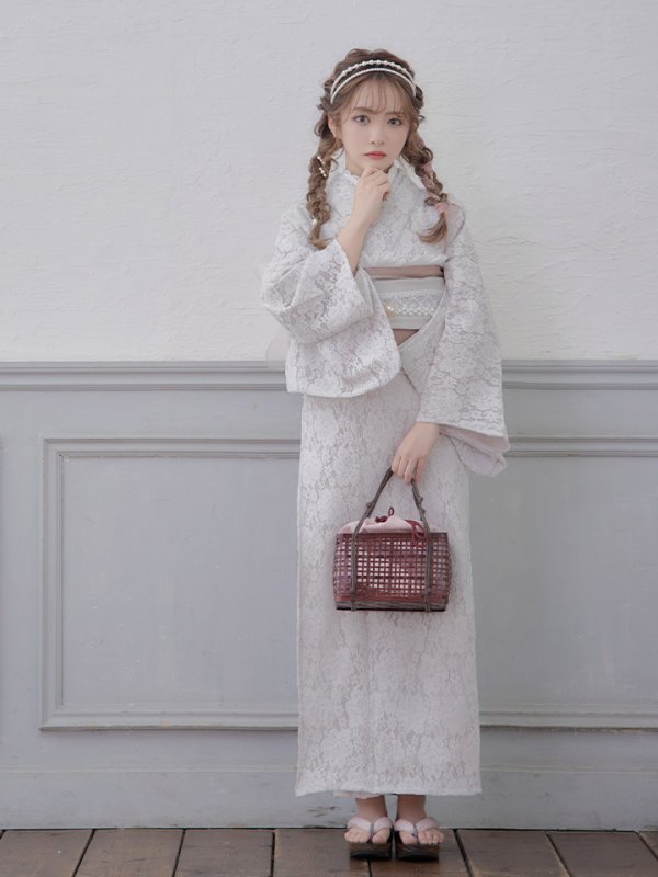 画像4: 即日発送!【浴衣】白地×フラワーレース浴衣【浴衣３点セット浴衣/帯/下駄】[YMT] (4)