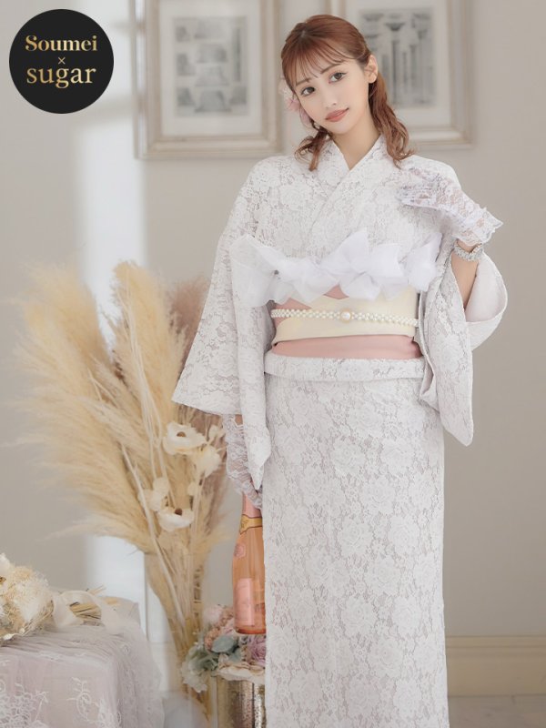 画像2: 即日発送!ピンク地×白レース浴衣【浴衣３点セット浴衣/帯/下駄】[YMT] (2)