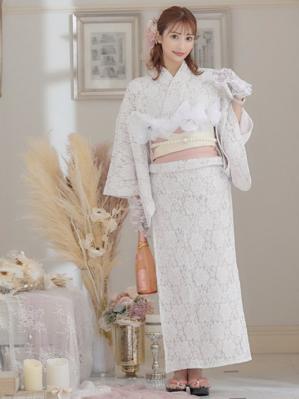 画像4: 即日発送!ピンク地×白レース浴衣【浴衣３点セット浴衣/帯/下駄】[YMT] (4)