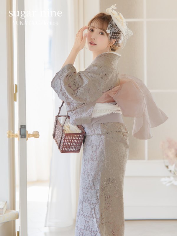 画像2: 【浴衣セール！】即日発送!【浴衣】ベージュ×フラワーレース浴衣【浴衣３点セット浴衣/帯/下駄】[YMT] (2)