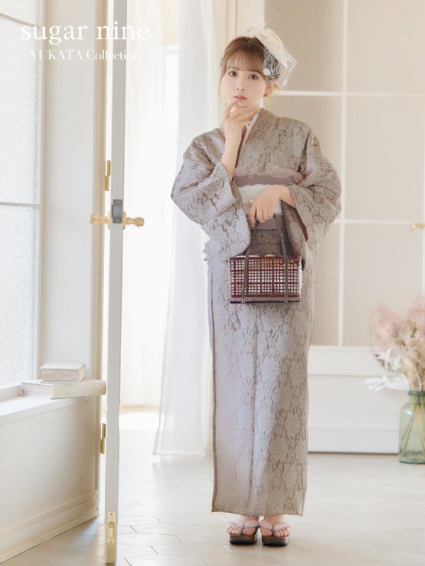 画像3: 【浴衣セール！】即日発送!【浴衣】ベージュ×フラワーレース浴衣【浴衣３点セット浴衣/帯/下駄】[YMT] (3)