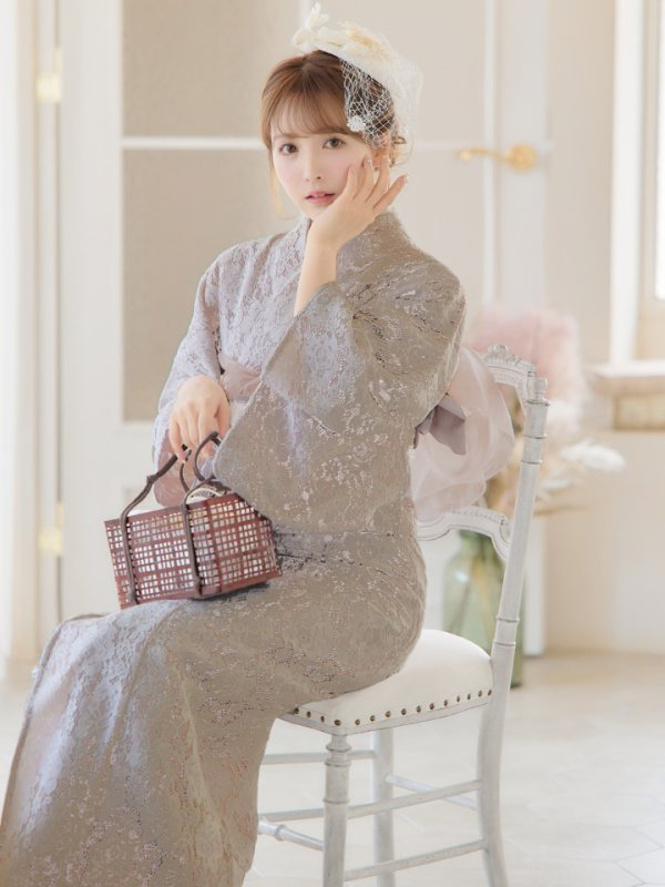 画像5: 【浴衣セール！】即日発送!【浴衣】ベージュ×フラワーレース浴衣【浴衣３点セット浴衣/帯/下駄】[YMT] (5)