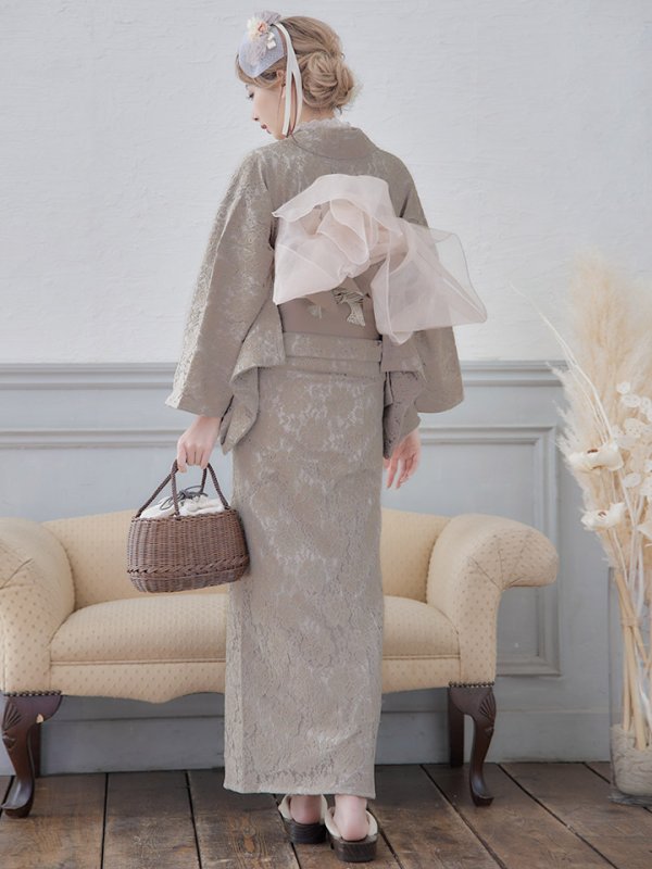 画像8: 【浴衣セール！】即日発送!【浴衣】ベージュ×フラワーレース浴衣【浴衣３点セット浴衣/帯/下駄】[YMT] (8)