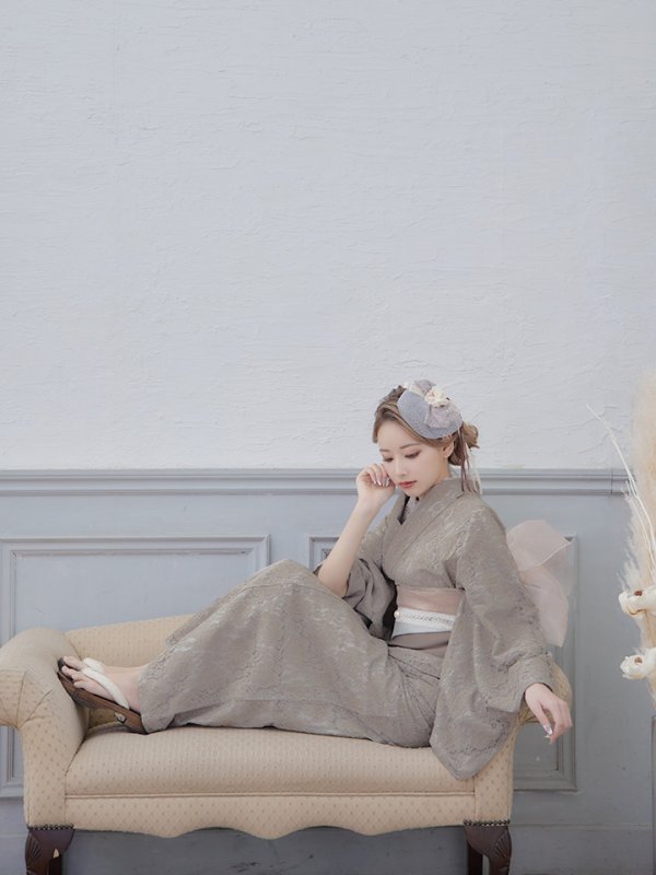 画像9: 【浴衣セール！】即日発送!【浴衣】ベージュ×フラワーレース浴衣【浴衣３点セット浴衣/帯/下駄】[YMT] (9)