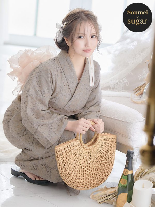 画像2: 【即日発送】【浴衣セール！】【浴衣】ベージュ×フラワーレース浴衣【浴衣３点セット浴衣/帯/下駄】[YMT] (2)