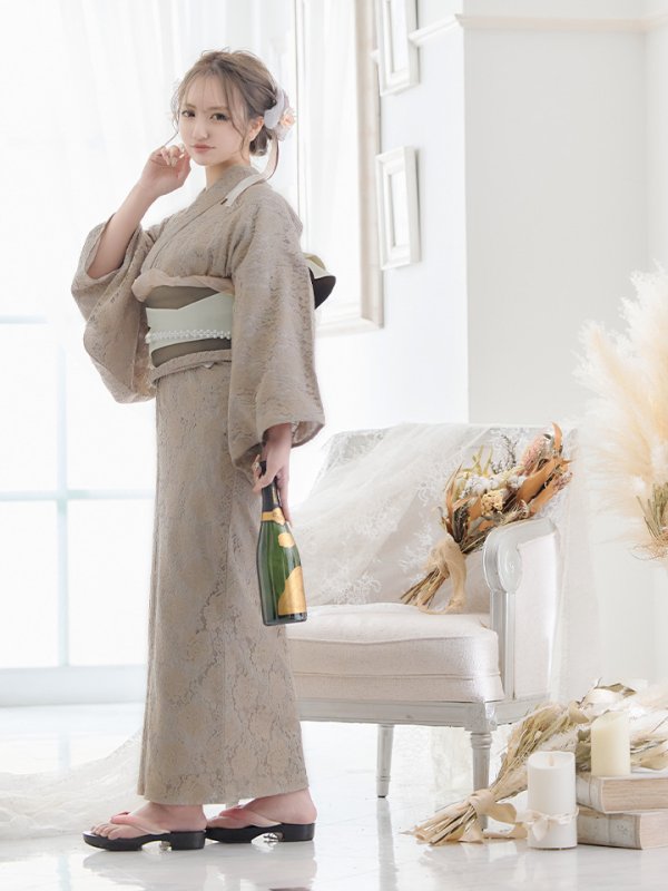 画像10: 【即日発送】【浴衣セール！】【浴衣】ベージュ×フラワーレース浴衣【浴衣３点セット浴衣/帯/下駄】[YMT] (10)