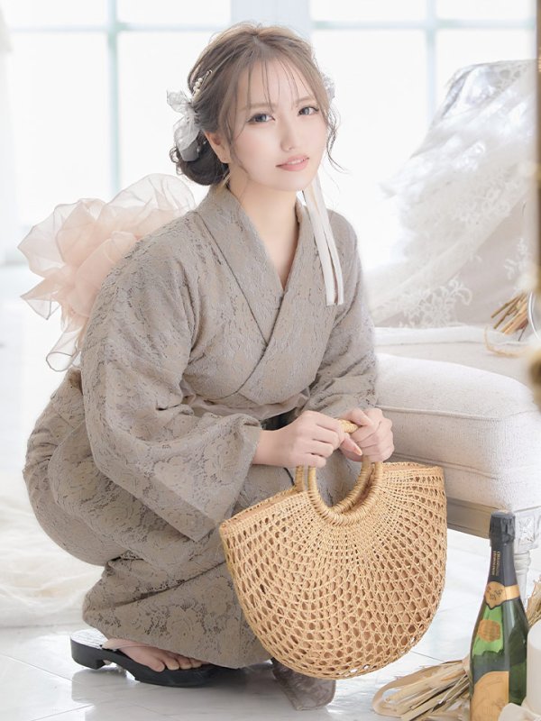 画像11: 【即日発送】【浴衣セール！】【浴衣】ベージュ×フラワーレース浴衣【浴衣３点セット浴衣/帯/下駄】[YMT] (11)