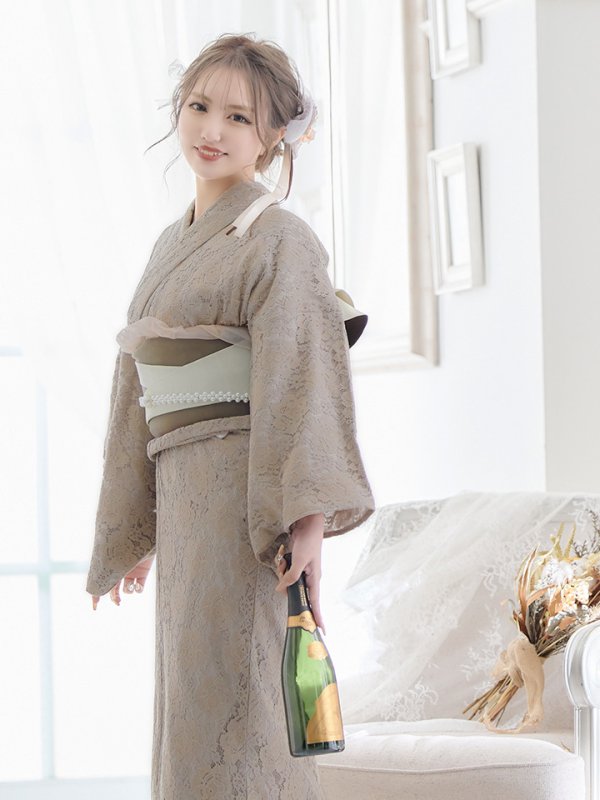 画像7: 【即日発送】【浴衣セール！】【浴衣】ベージュ×フラワーレース浴衣【浴衣３点セット浴衣/帯/下駄】[YMT] (7)