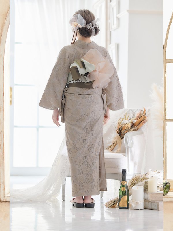 画像8: 【即日発送】【浴衣セール！】【浴衣】ベージュ×フラワーレース浴衣【浴衣３点セット浴衣/帯/下駄】[YMT] (8)