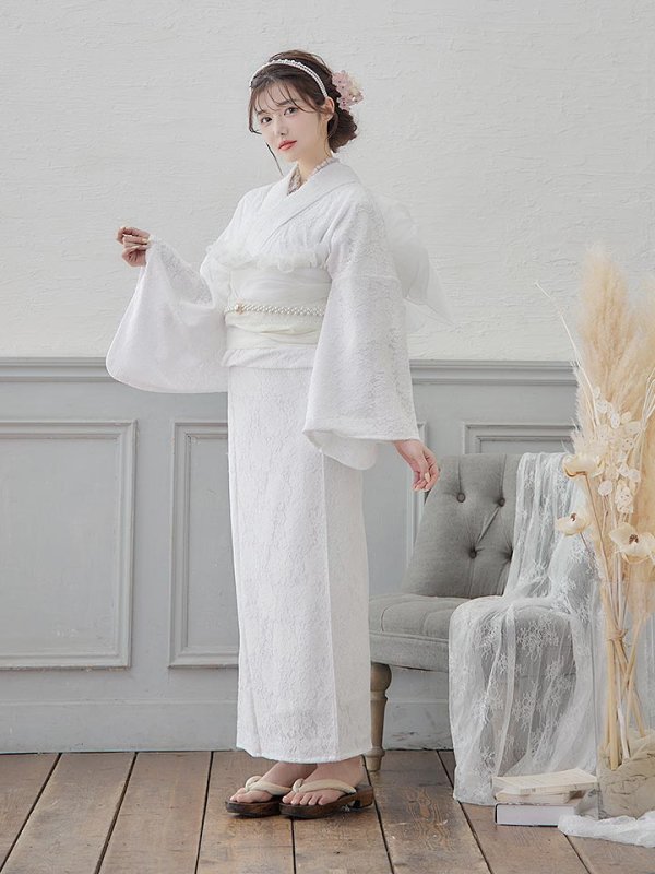 画像4: 【即日発送】【浴衣セール！】白レース浴衣  【浴衣３点セット 浴衣/帯/下駄】[YMT] (4)