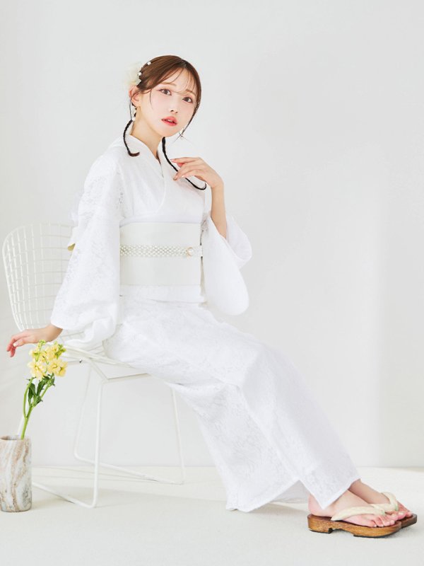 画像2: 【即日発送】【浴衣セール！】白レース浴衣  【浴衣３点セット 浴衣/帯/下駄】[YMT] (2)