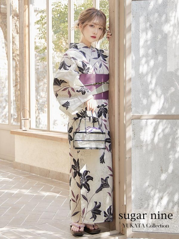 画像3: 【即日発送！】【浴衣】白地×百合柄浴衣【浴衣３点セット浴衣/帯/下駄】[YMT] (3)