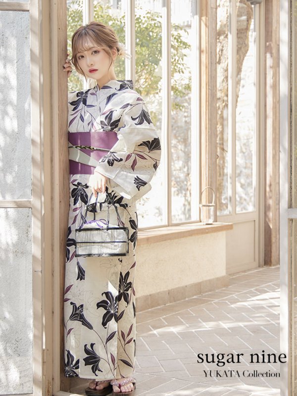 画像4: 【即日発送！】【浴衣】白地×百合柄浴衣【浴衣３点セット浴衣/帯/下駄】[YMT] (4)