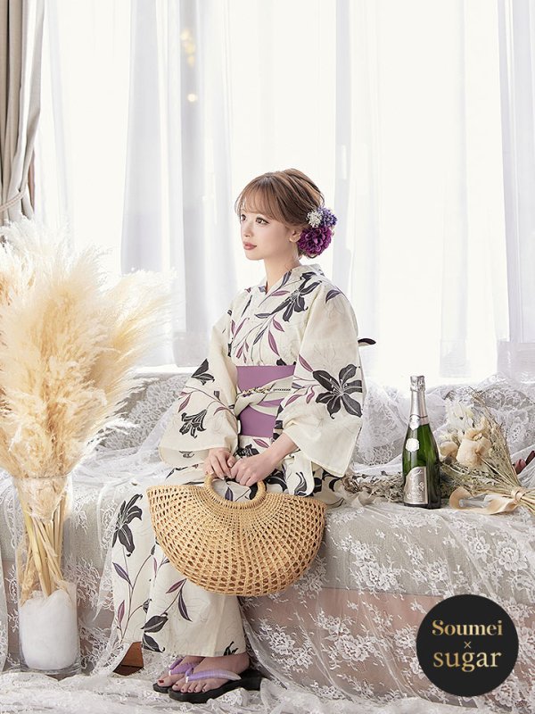 画像2: 【即日発送！】【浴衣】白地×百合柄浴衣【浴衣３点セット浴衣/帯/下駄】[OF04] (2)