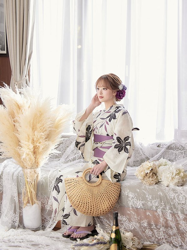 画像7: 【即日発送！】【浴衣】白地×百合柄浴衣【浴衣３点セット浴衣/帯/下駄】[OF04] (7)