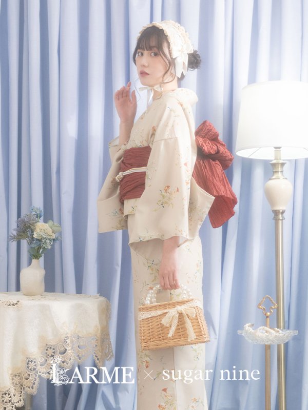 画像2: 【即日発送】【浴衣セール！】ベージュ地x小花柄浴衣【浴衣３点セット 浴衣/帯/下駄】[YMT] (2)