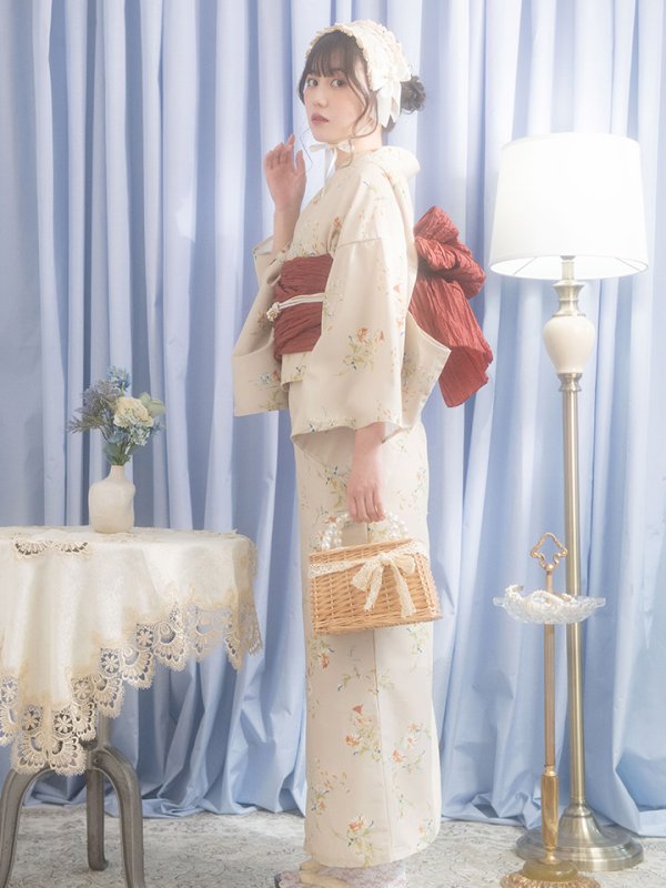 画像4: 【即日発送】【浴衣セール！】ベージュ地x小花柄浴衣【浴衣３点セット 浴衣/帯/下駄】[YMT] (4)