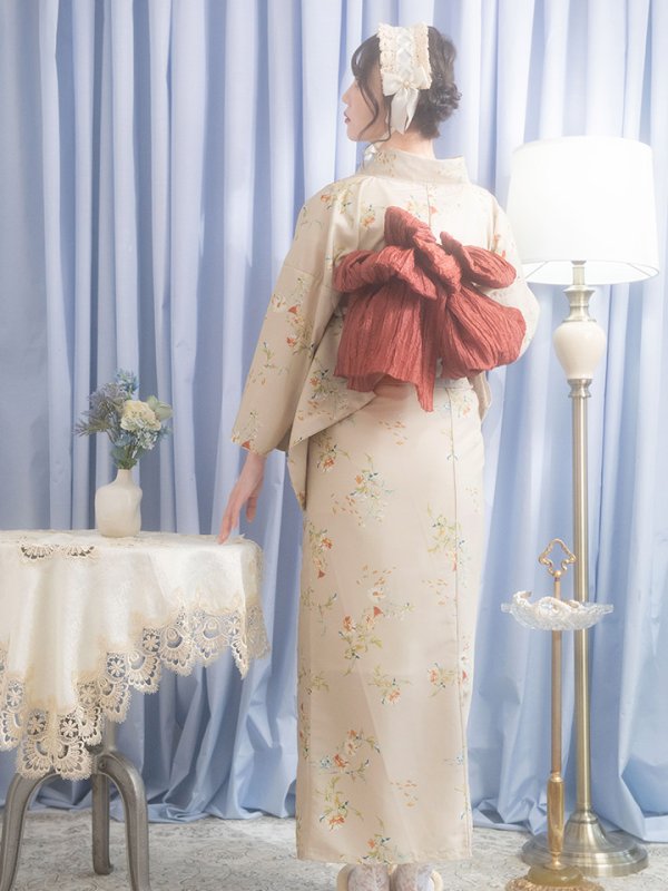 画像5: 【即日発送】【浴衣セール！】ベージュ地x小花柄浴衣【浴衣３点セット 浴衣/帯/下駄】[YMT] (5)