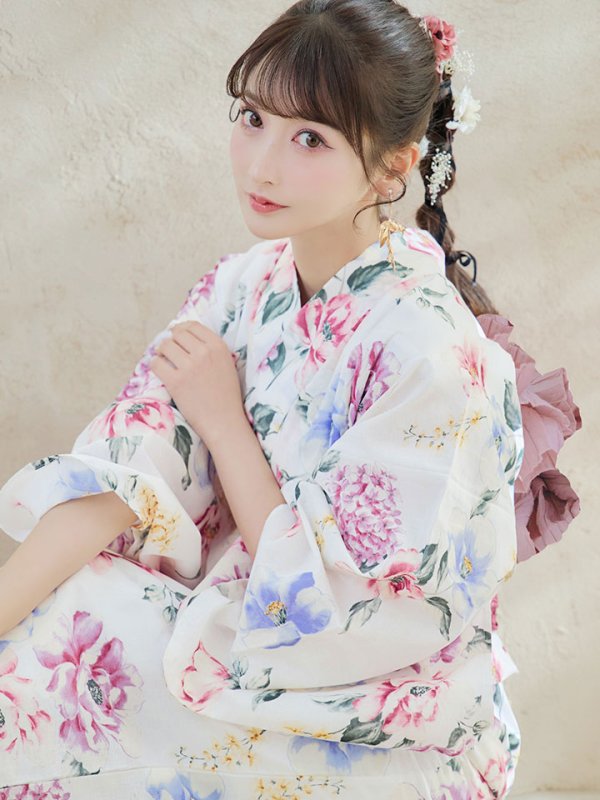 画像12: 【即日発送】【浴衣】白地×ボタニカル牡丹浴衣  【浴衣３点セット 浴衣/帯/下駄】[YMT] (12)