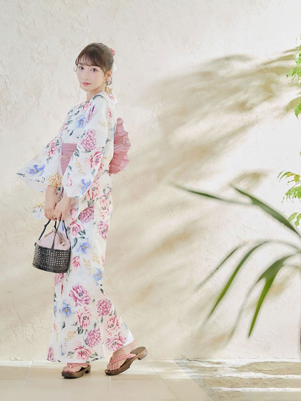 画像13: 【即日発送】【浴衣】白地×ボタニカル牡丹浴衣  【浴衣３点セット 浴衣/帯/下駄】[YMT] (13)