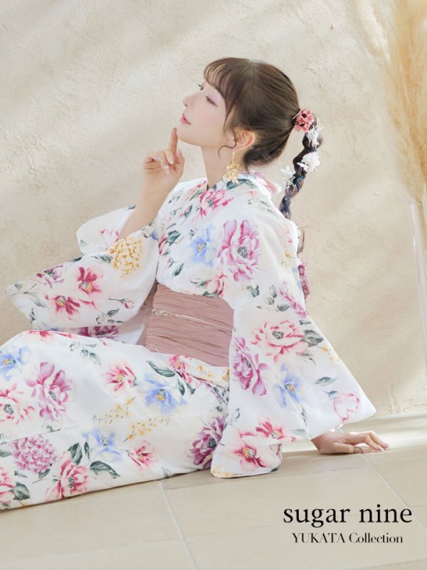 画像2: 【即日発送】【浴衣】白地×ボタニカル牡丹浴衣  【浴衣３点セット 浴衣/帯/下駄】[YMT] (2)