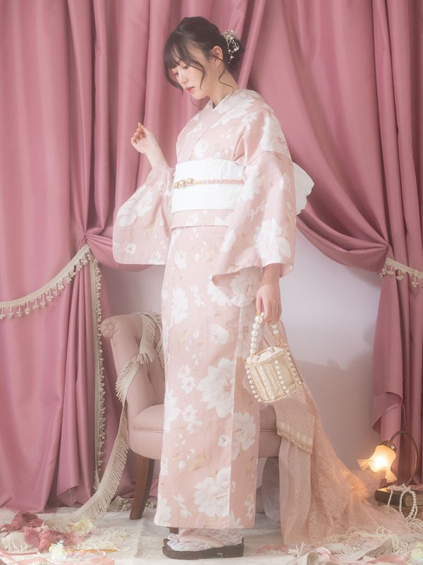 画像6: 【即日発送】【浴衣】くすみピンク地のホワイト牡丹浴衣【浴衣３点セット 浴衣/帯/下駄】[YMT] (6)