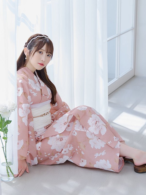 画像12: 【即日発送】【浴衣】くすみピンク地のホワイト牡丹浴衣  【浴衣３点セット 浴衣/帯/下駄】[OF04] (12)