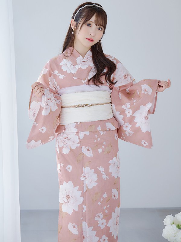 画像2: 【即日発送】【浴衣】くすみピンク地のホワイト牡丹浴衣  【浴衣３点セット 浴衣/帯/下駄】[OF04] (2)