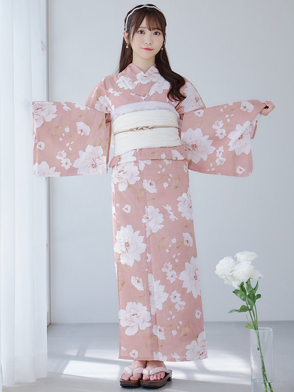 画像4: 【即日発送】【浴衣】くすみピンク地のホワイト牡丹浴衣  【浴衣３点セット 浴衣/帯/下駄】[OF04] (4)