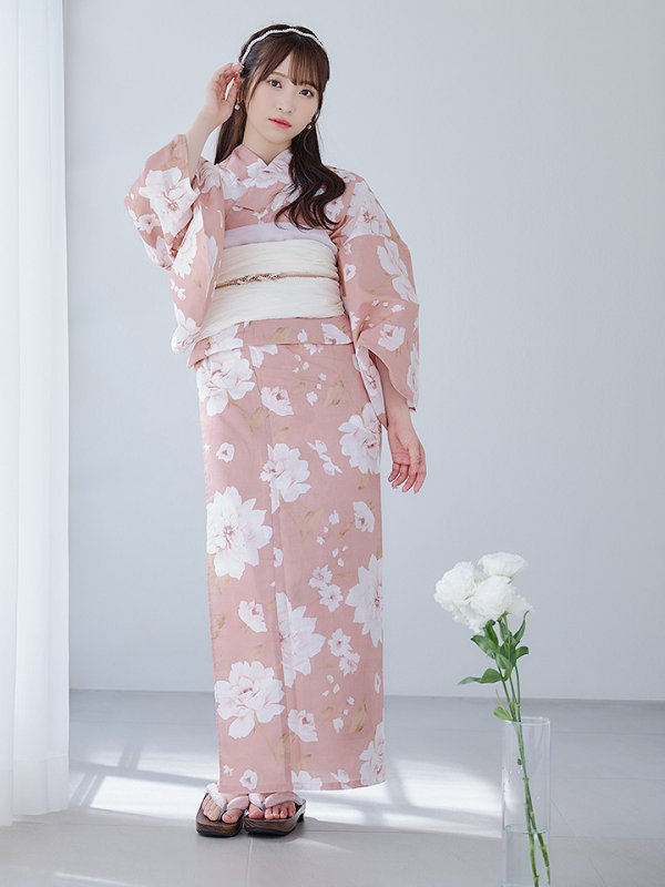 画像6: 【即日発送】【浴衣】くすみピンク地のホワイト牡丹浴衣  【浴衣３点セット 浴衣/帯/下駄】[OF04] (6)