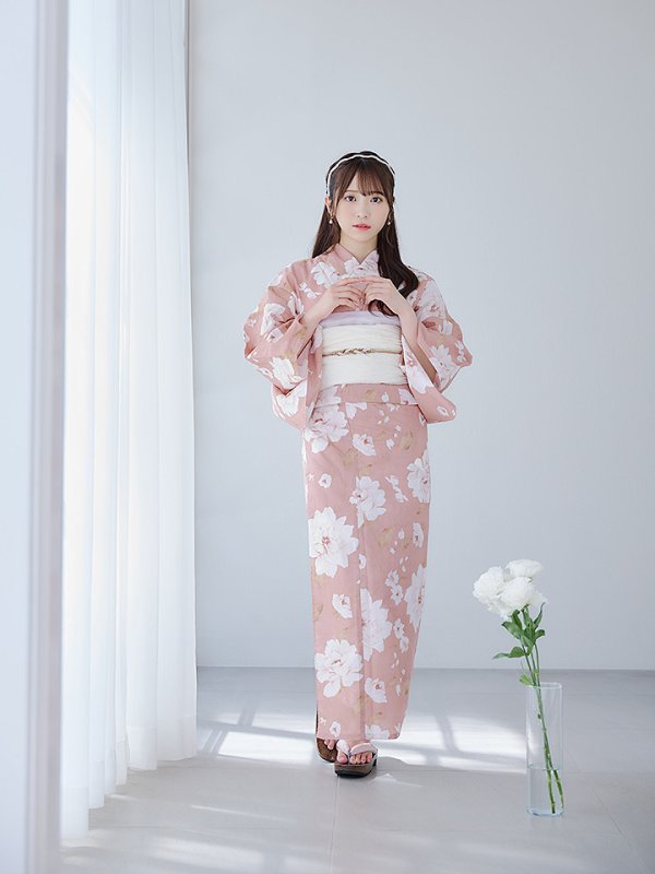 画像7: 【即日発送】【浴衣】くすみピンク地のホワイト牡丹浴衣  【浴衣３点セット 浴衣/帯/下駄】[OF04] (7)