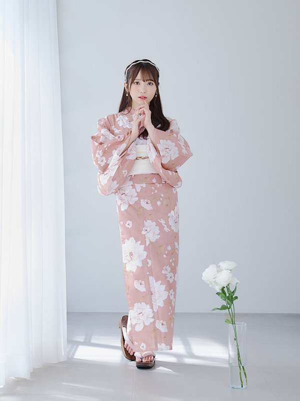 画像8: 【即日発送】【浴衣】くすみピンク地のホワイト牡丹浴衣  【浴衣３点セット 浴衣/帯/下駄】[OF04] (8)