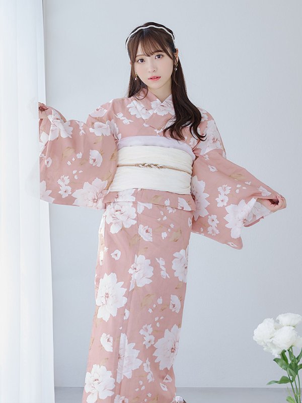 画像9: 【即日発送】【浴衣】くすみピンク地のホワイト牡丹浴衣  【浴衣３点セット 浴衣/帯/下駄】[OF04] (9)