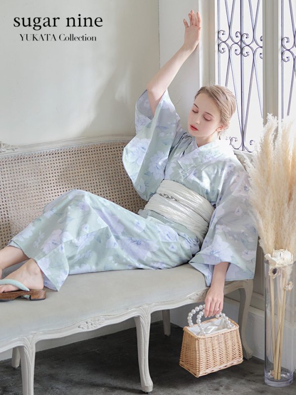 画像2: 【即日発送】【浴衣】ミント地x牡丹浴衣  【浴衣３点セット 浴衣/帯/下駄】[YMT] (2)