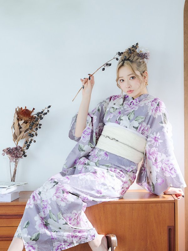 画像13: 【即日発送】大胆に咲き誇る紫×白牡丹浴衣  【浴衣３点セット 浴衣/帯/下駄】[YMT] (13)