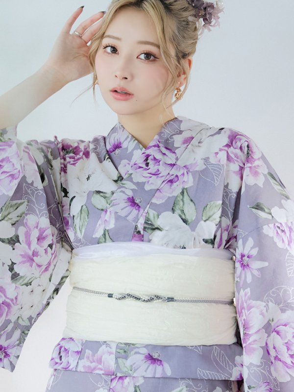 画像16: 【即日発送】大胆に咲き誇る紫×白牡丹浴衣  【浴衣３点セット 浴衣/帯/下駄】[YMT] (16)