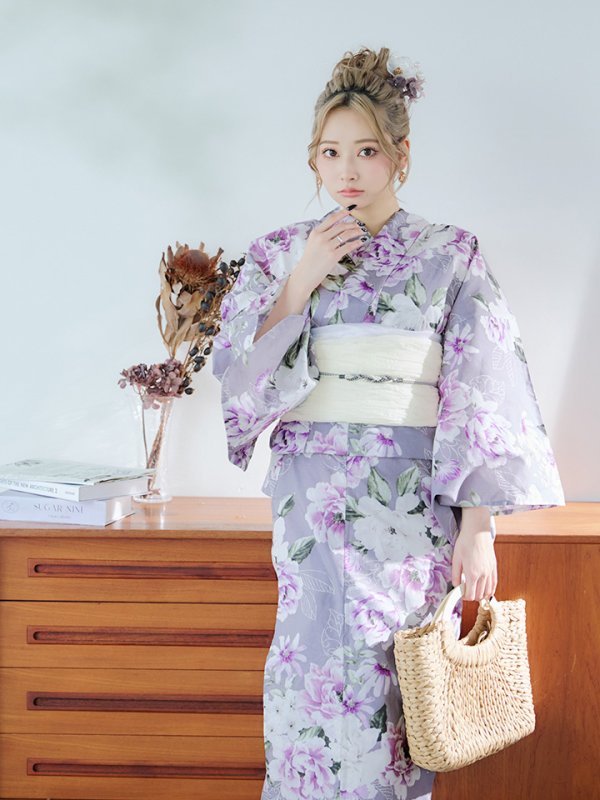 画像8: 【即日発送】大胆に咲き誇る紫×白牡丹浴衣  【浴衣３点セット 浴衣/帯/下駄】[YMT] (8)