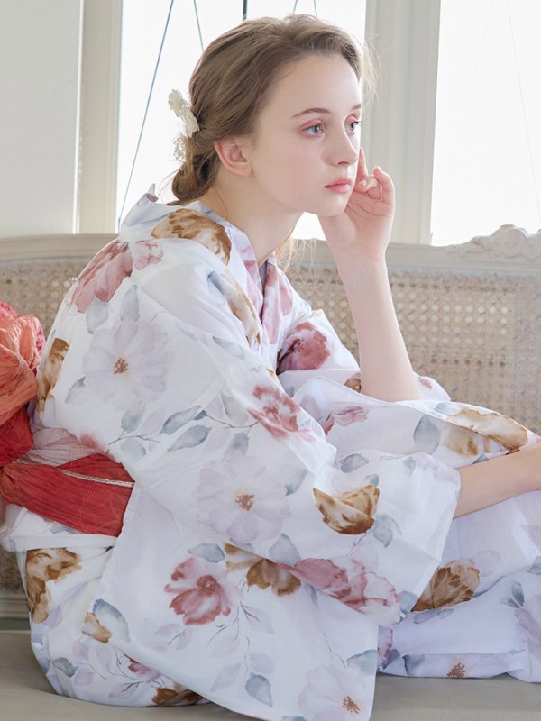 画像14: 【即日発送】【浴衣】白地x暖色椿浴衣  【浴衣３点セット 浴衣/帯/下駄】[YMT] (14)